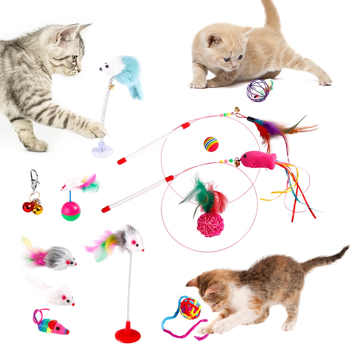 REHTRAD Pack of 13 Cat Toys, Plush Spring Mouse Colored Ball Toys for Kittens (Random Color)