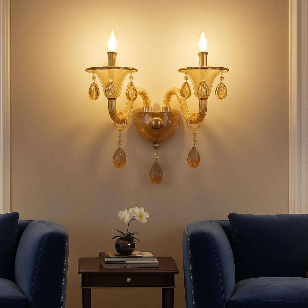 Imperial Amber Crystal Wall Sconce | Traditional Royal Wall Light Fixture for Living Room, Bedroom, Hall, Entrance, Hotel & Home Decor -Bulb Included