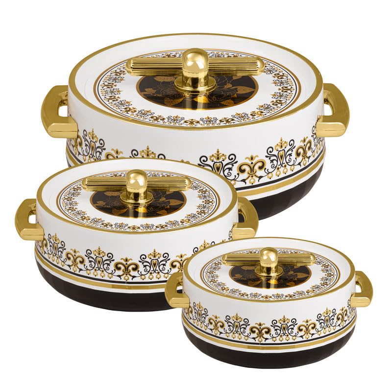 Selvel Elegance Royal Insulated Casserole Set of 3, 600ml, 1200ml, 1700ml, Stainless Steel Inner, Hot Box for Roti, Chapati, Biryani, Keeps Food Hot 6 Hours, Housewarming Gift, Royal Coral Black