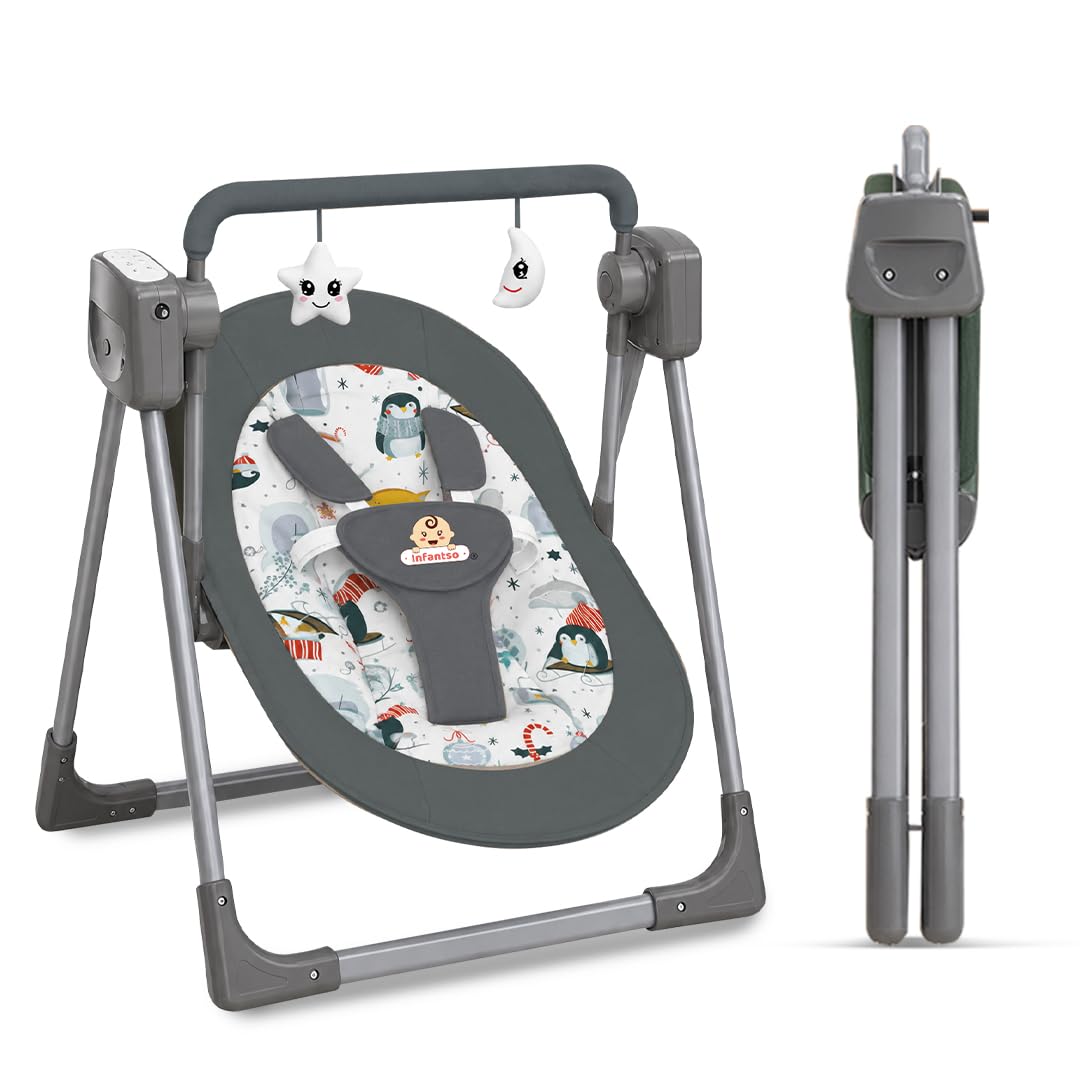 Infantso Automatic Baby Swing with 5 Point Safety Harness, Adjustable Swing for Baby 0-2 Years with Bluetooth & Remote Control, 5-Speeds, Mosquito Net, Soothing Music, Free Cushion (Grey)