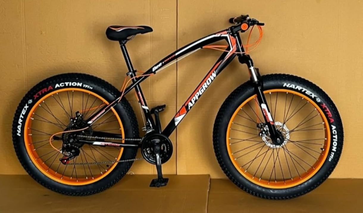App Grow Fat tyre Cycle in Jaguar Frame in Extra Fat Tyres of 26 * 400 with 21 Speed Gears with Front Suspension Fork with Dual disc Brakes for Age Group 12+