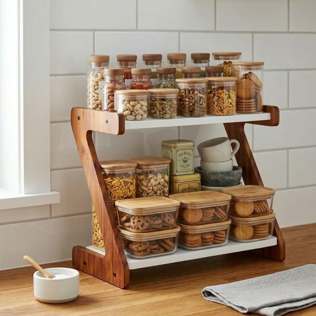 Kitchen Organizer Rack – Multi-Purpose Kitchen Stand for Countertop & Cabinet Storage | Heavy-Duty Kitchen Rack Organizer for Spices, Utensils, Dishes & Pantry Items (2 Tier Z shape Rack)