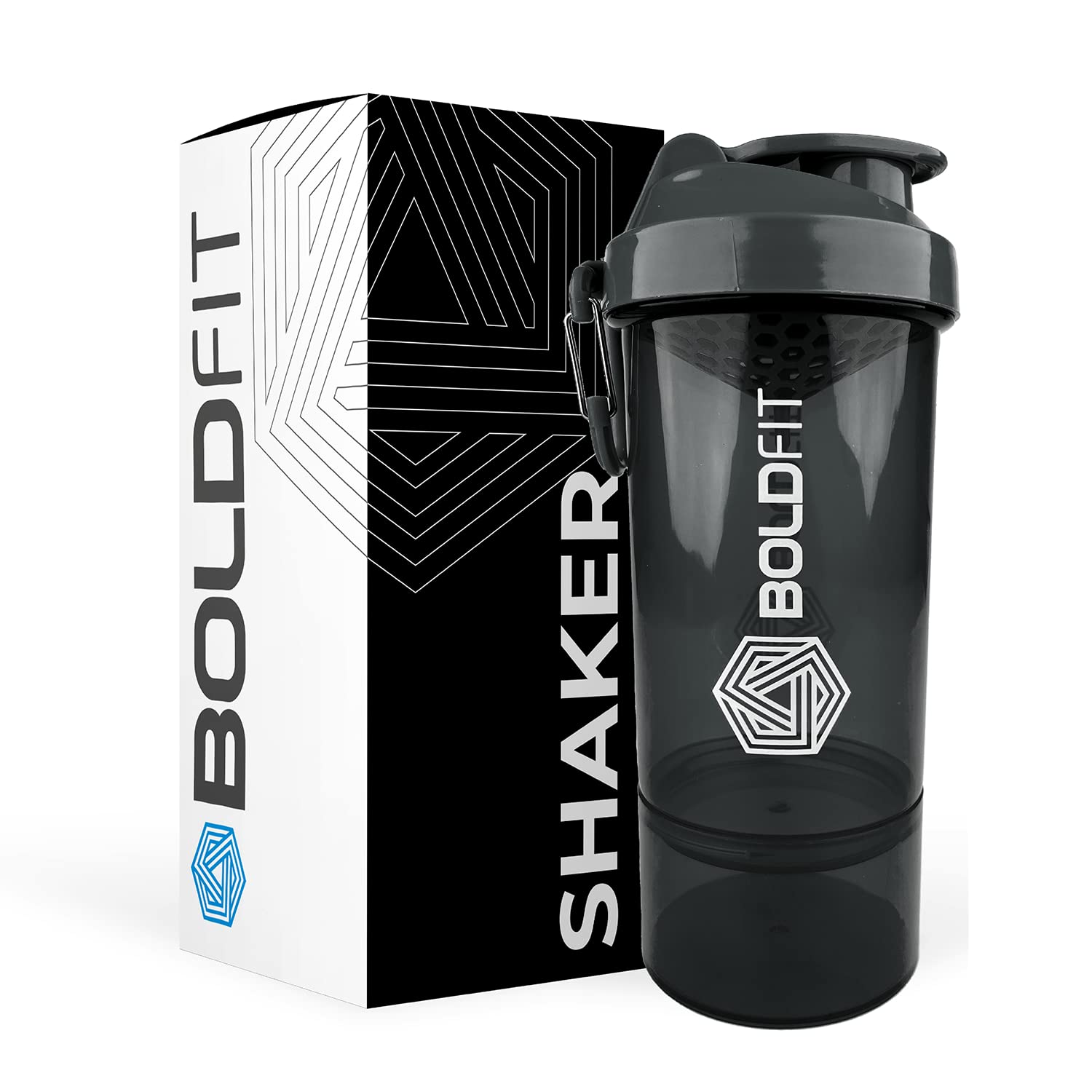 Boldfit Shakers for Protein Shake Bottle Gym Shaker Bottle Shaker Bottles for Protein Shake Gym Protein Shaker Bottle 600ml with Extra Compartment Shaker Mixer Bottle Shaker for Gym – Black 600 ml