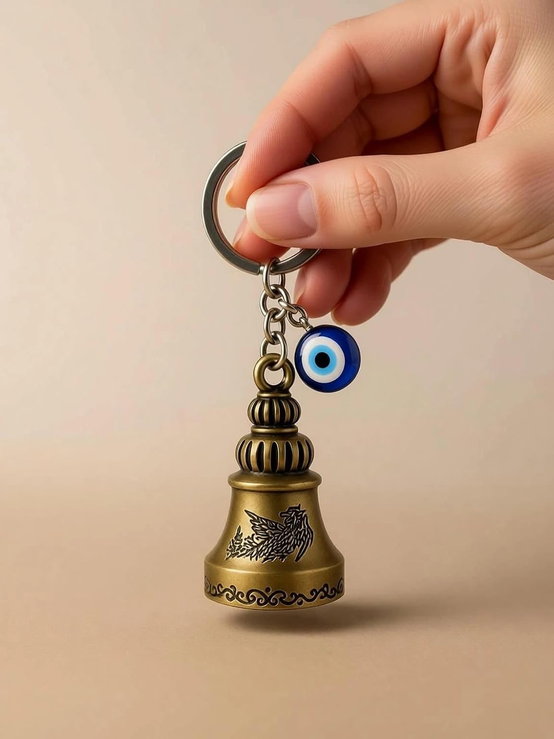 Guardian Bell Keychain with Blue Evil Eye Nazar Charm, Tibetan Engraved Texture, Good Luck Protection for Bike and Car