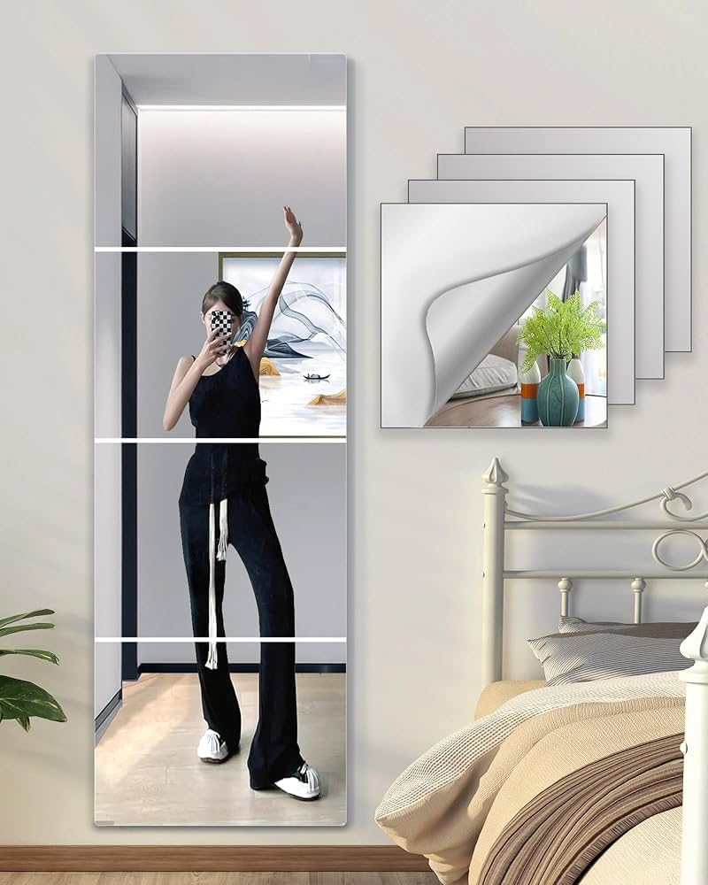 Shatterproof Wall Mirror Full Length for Bedroom,Plexiglass Gym Mirrors for Home, Extra Thick: 0.1 inch, 10×10 inchx4 Pcs, Workout Mirrors Safe for Kids, Over The Door, Long Wall Mounted,Acrylic frame