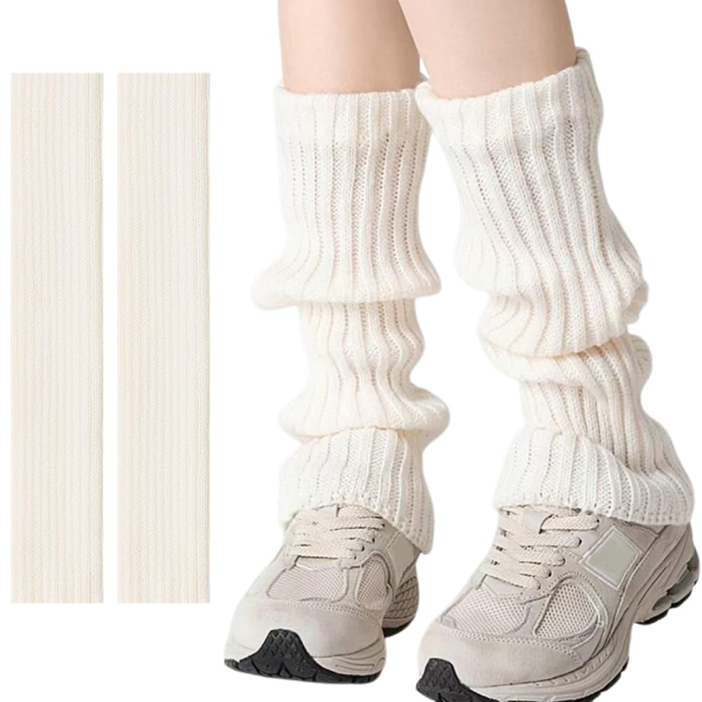 Fapiwen Fuzzy Knit Leg Warmers For Women, 42 cm, White