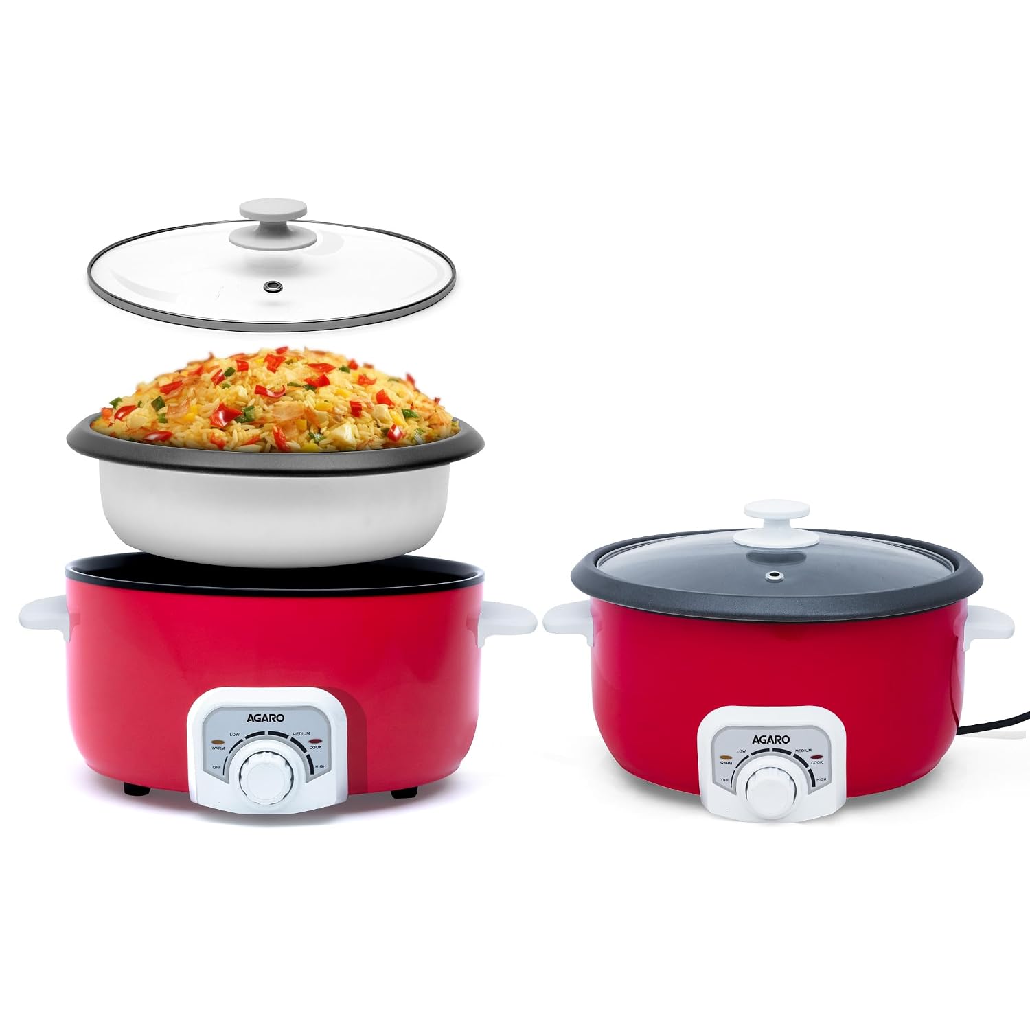 AGARO Regal Electric Multi Cooking Pot, 3L, 1200W, Steamer, Fryer, Aluminium Pot, Glass Lid, Adjustable Temperature Control, Rice, Veggies, Red.
