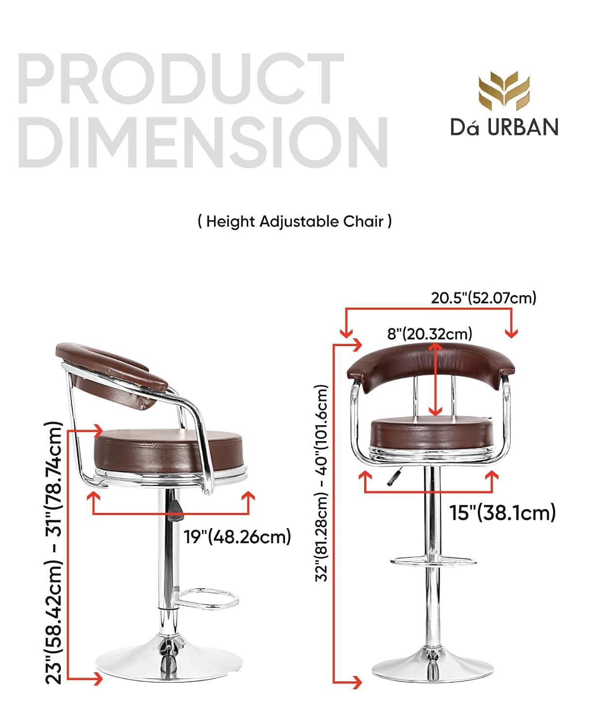Da URBAN® Classic Height Adjustable and Revolving Bar Stool/Kitchen Chair (Brown)
