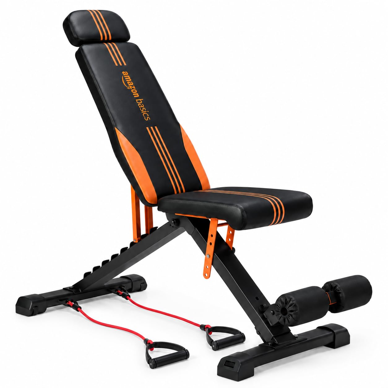 Amazon Basics 17-Level Adjustable & Foldable Multi-Purpose Fitness Bench | with Resistance Ropes & Leg Support | for Home & Gym Workout | 350kg Load Capacity | Alloy Steel Frame | Black & Orange