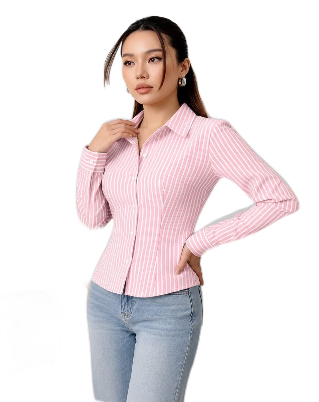 Shirt for Women’s Pink and White Striped Fitted Shirt, Long Sleeve, Collared Button-Up Blouse