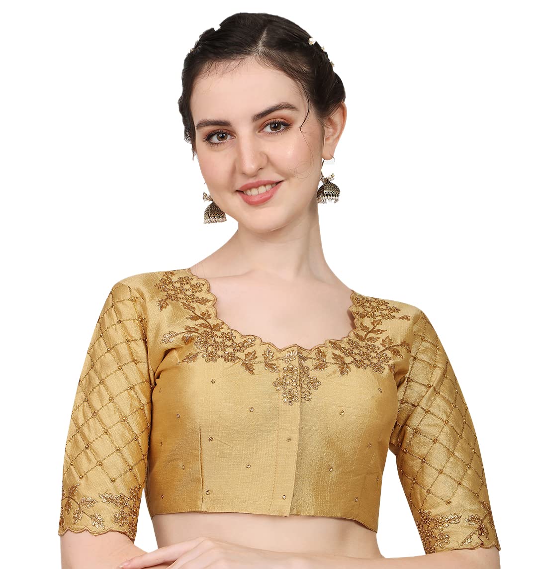 Pujia Mills Women’s Silk Half Sleeve Choli Blouse with Embroidery and Stone Work in Off-White