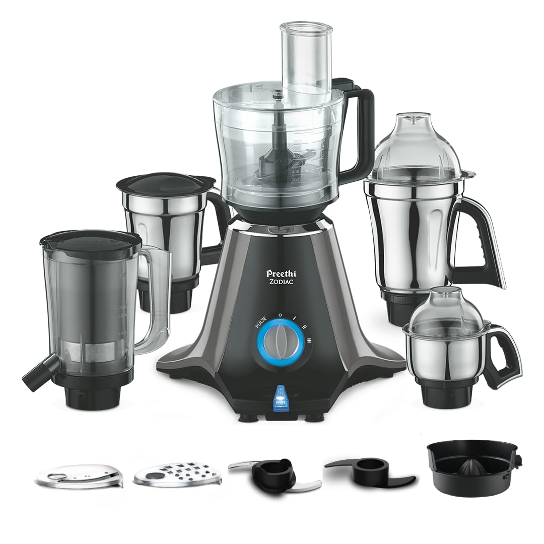 Preethi Zodiac MG218 750 Watts Mixer Grinder, 5 Jars (1 Food Processor Jar, 3 Stainless Steel Jars, Centrifugal Juicer Jar), Atta Kneading,Powerful Grinding,2 Year Warranty,Lifelong Free Service,Black