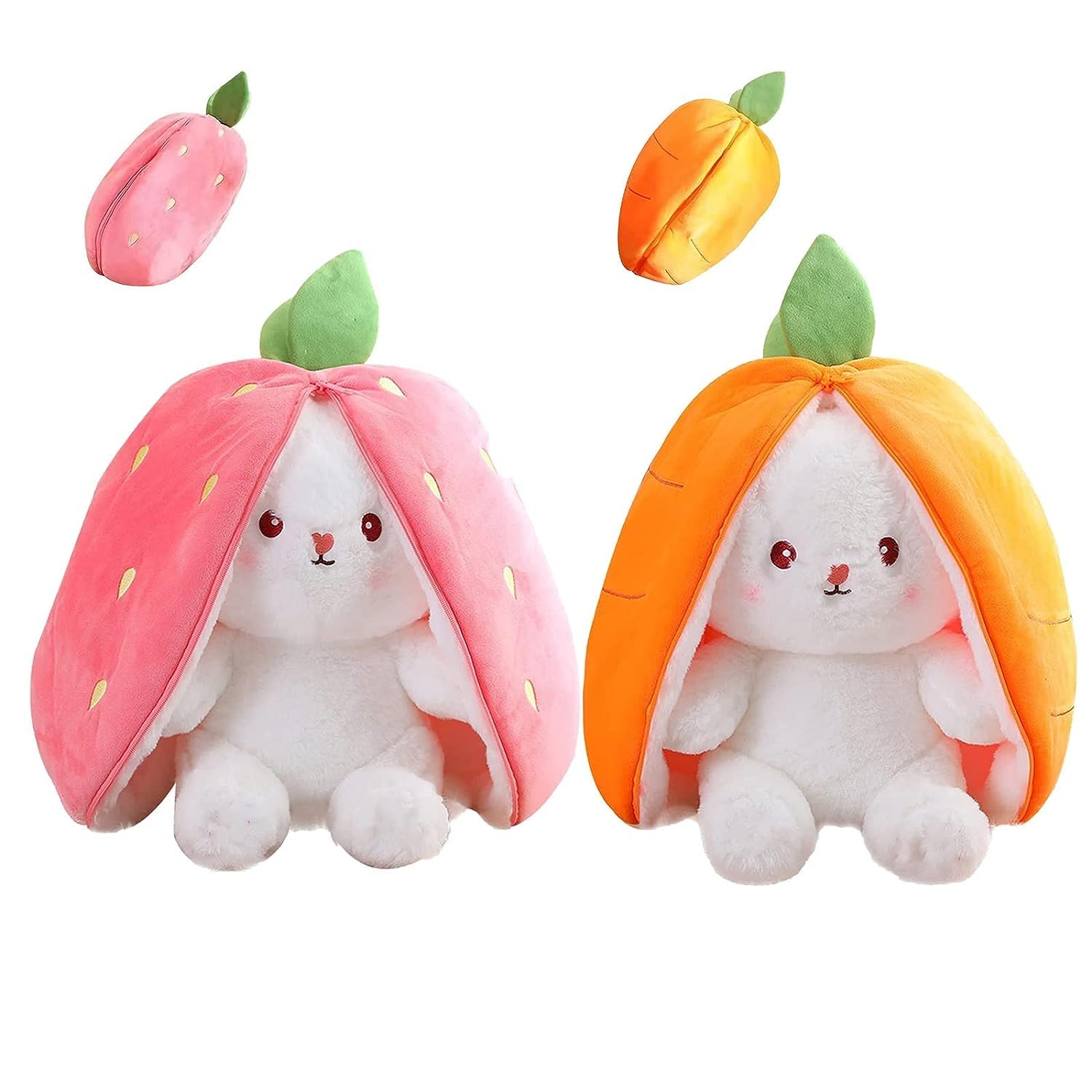 Storescent Reversible Soft Toys for Children - Strawberry Bunny Plush Stuffed Animal - Adorable Rabbit Plushie with Zipper for Boys and Girls (Strawberry+Carrot Bunny 2Pcs) 30CM