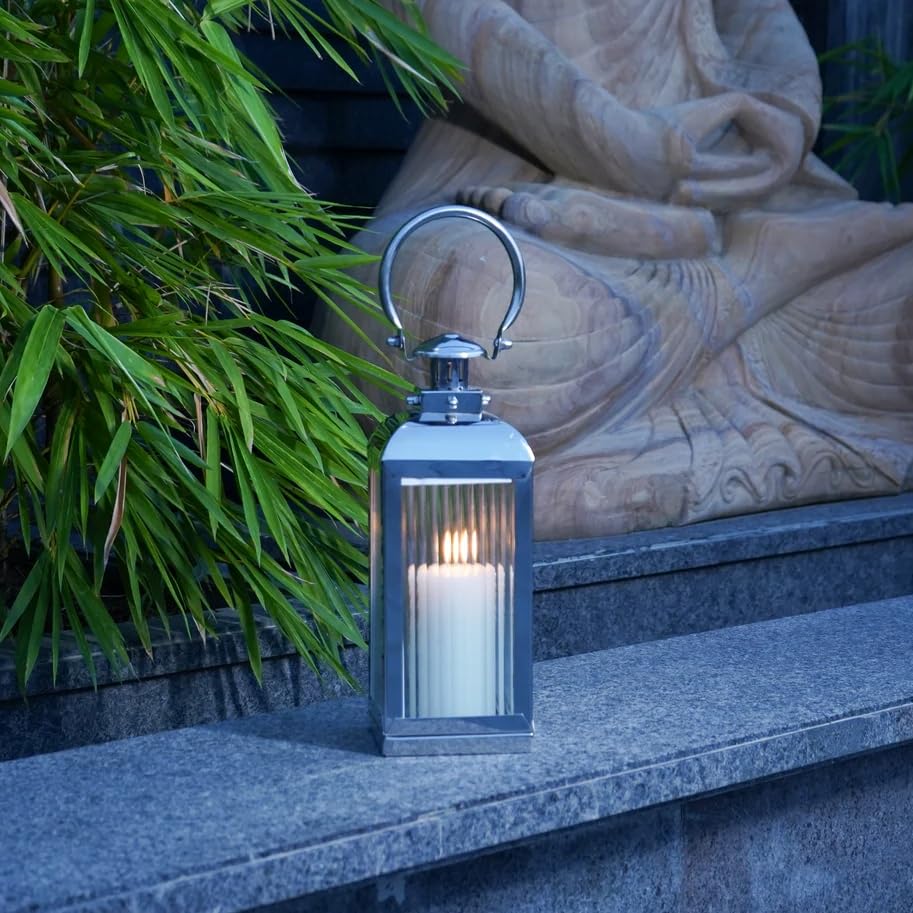 Premium Silver Metal Lantern Candle Holder with Fluted Glass |Hurricane Lantern for Home Decor, Living Room, Balcony, Garden, Dining Table, Wedding, Diwali Decoration & Gift Item (Large)