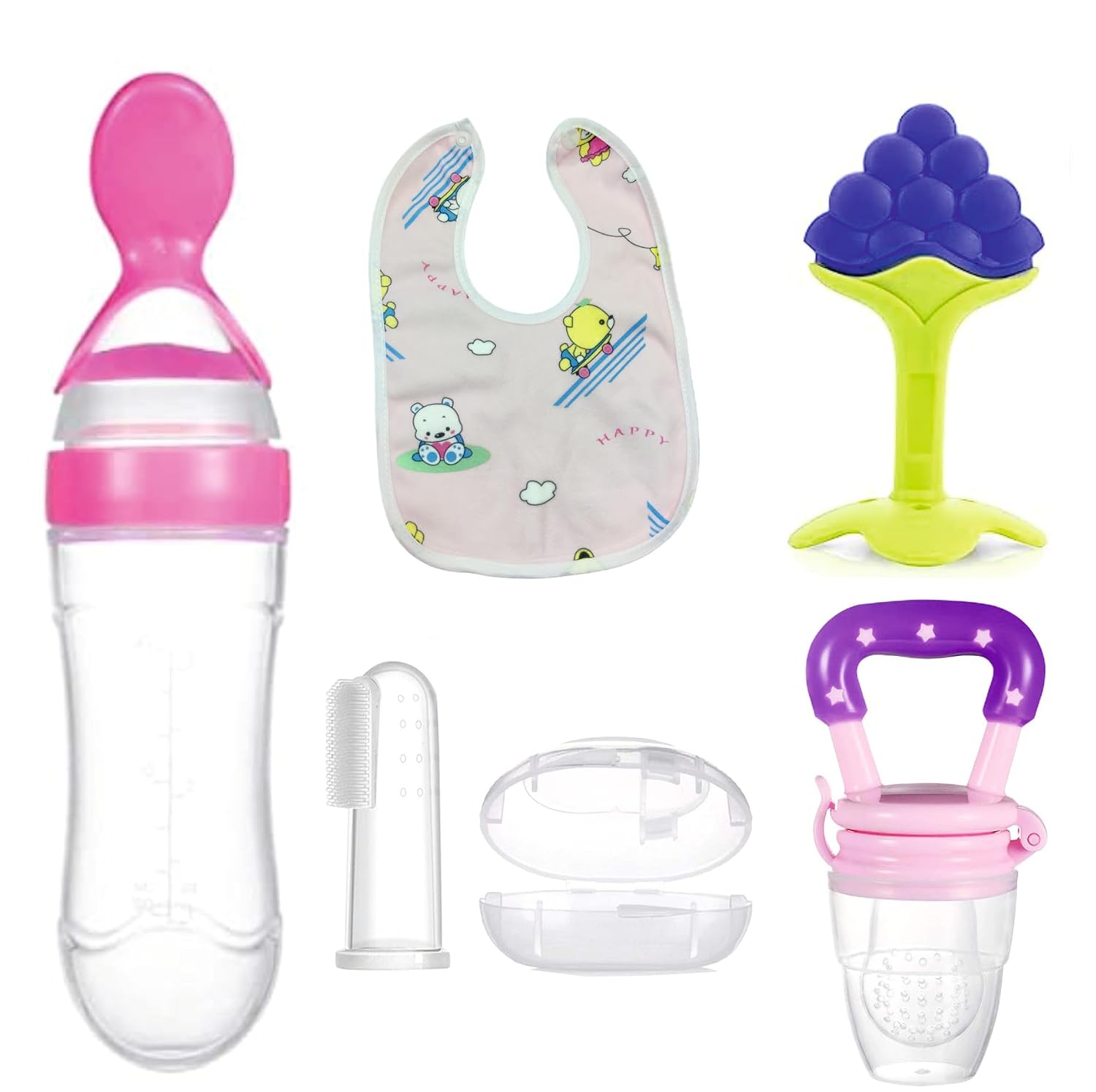 Silicone Baby Products Combo – Fruit Shape Teether, Fruit Feeder Pacifier, 90ml Silicone Spoon Feeder Bottle, Finger Toothbrush with Case & Waterproof Bib | BPA Free Infant Kit (0–12 Months) (Pink Combo 5)