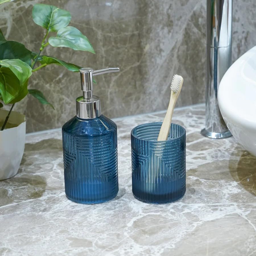 Premium Glass Bathroom Set (Soap Dispenser 350ml + Tumbler) | Luxury Textured Design | Hand Wash Dispenser for Kitchen & Bathroom | Elegant Home Decor Accessories (Green/Blue/Amber) (Blue)