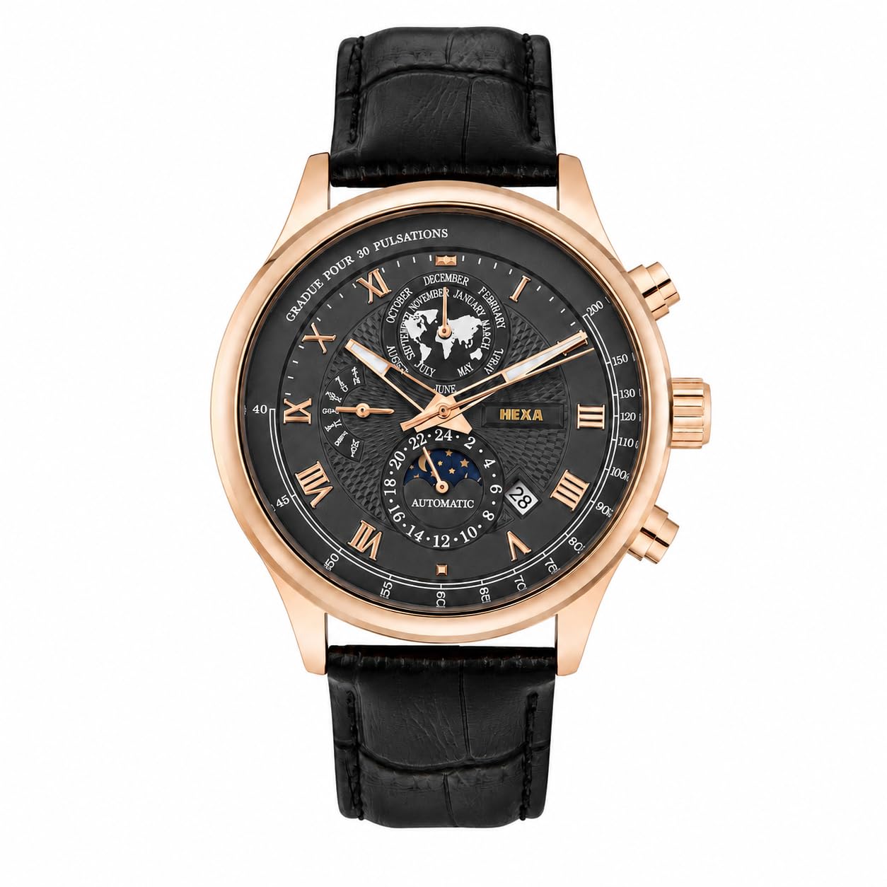 HEXA Hustler Automatic Mechanical Watch for Men | Black Analog Dial | Moon Phase & World Map Sub-Dial | 45 mm Rose Gold Case | Black Genuine Leather Strap | Mineral Glass | 3ATM Water Resistant Luxury Watch