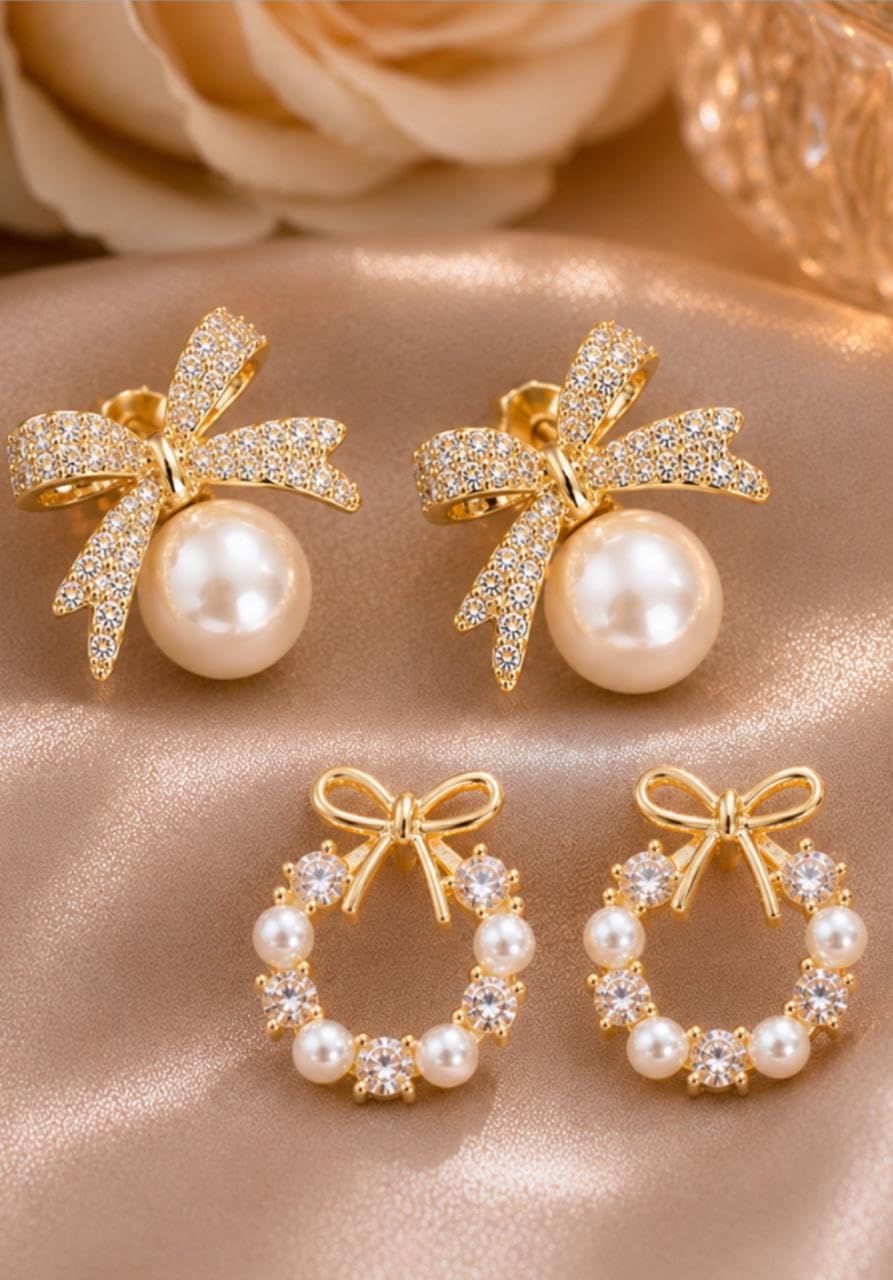 TRENDY Korean Style Fashion Earrings Set, Pearl Bow and Crystal Bow Design, Women’s Jewellery Accessories, 2 Pairs