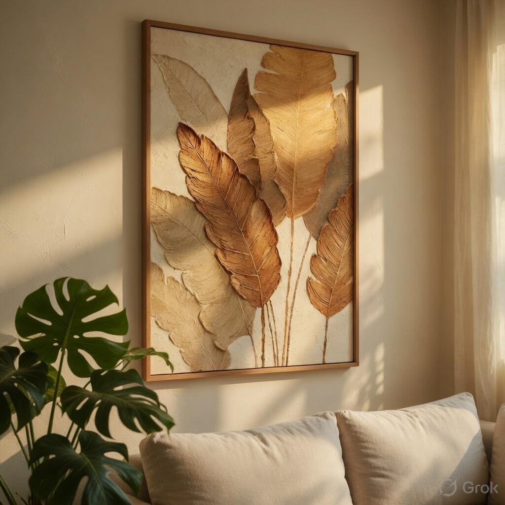Livin’luxe Minimalist Botanical Leaf Wall Painting with Natural Color Synthetic Frame | Modern Beige Leaf Artwork HD UV Laminated MDF Wall Decor | Aesthetic Nature Wall Art for Living Room Bedroom Home