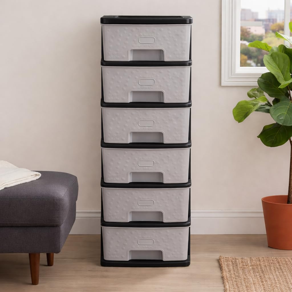 Plastic Modular Drawer Storage Chest Of Drawers Organizer Storage Box, Large Stomo Racks For Multipurpose Anti-slip Shoes Organizers (Grey, 6 Layer)