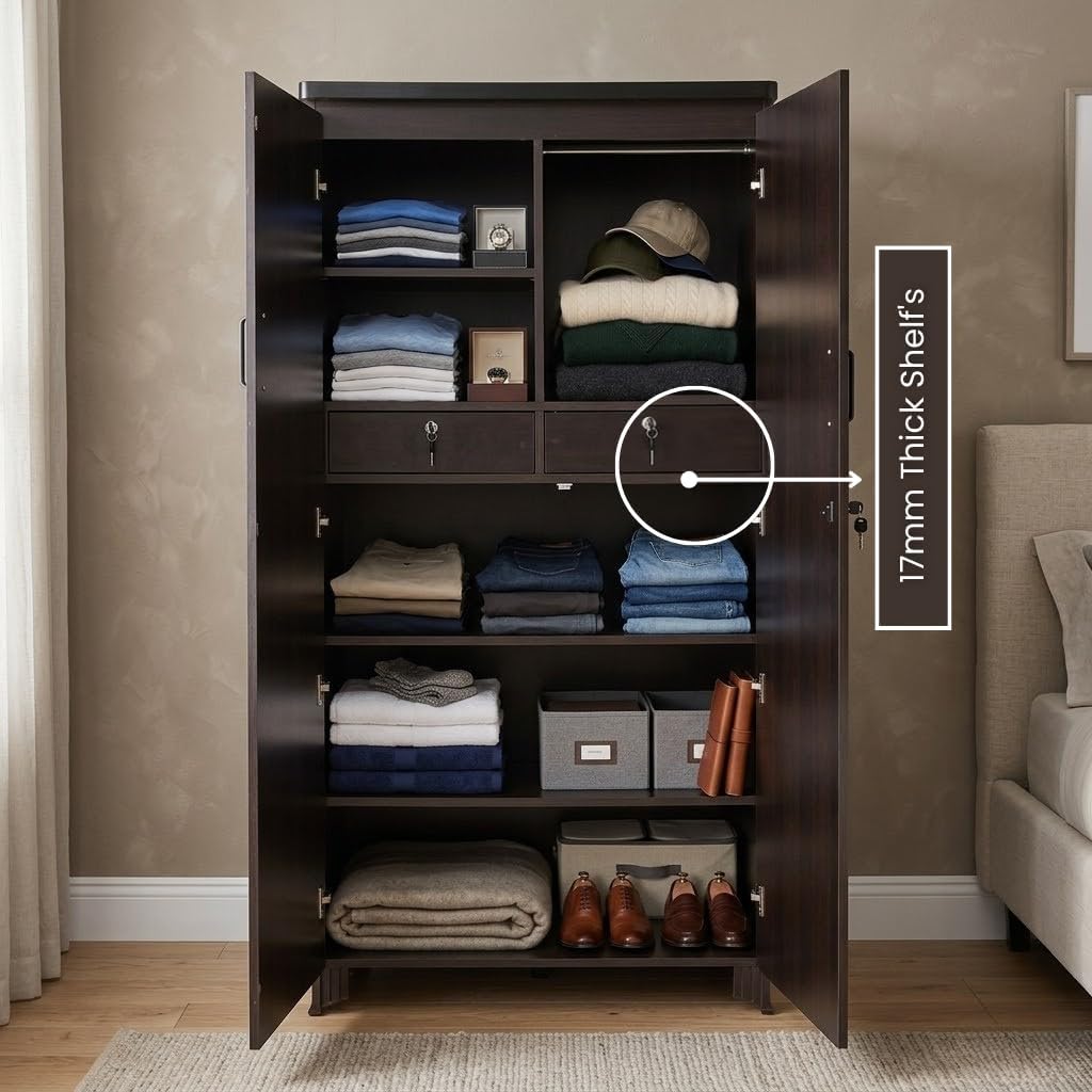 CASPIAN 2-Door Wardrobe (17mm Thick Wood) Coffee Black | Pre-Assembled Almirah with Mirror, Hanging Space, 4 Shelves, 2 Drawers & Secure Locker | Durable Engineered Wood Clothes Storage Cupboard.
