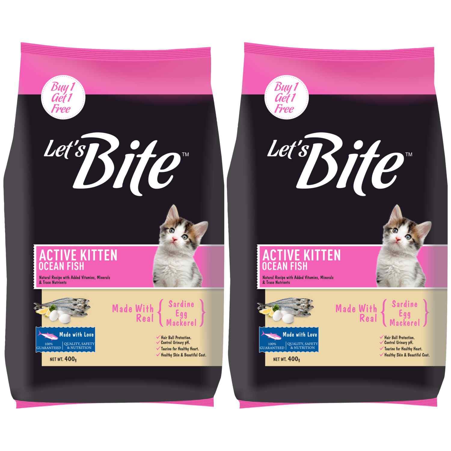 Let’s Bite Active Kitten Dry Cat Food, (2 x 400g) Total 800g | Ocean Fish | Taurine for Heart | Healthy Skin & Coat