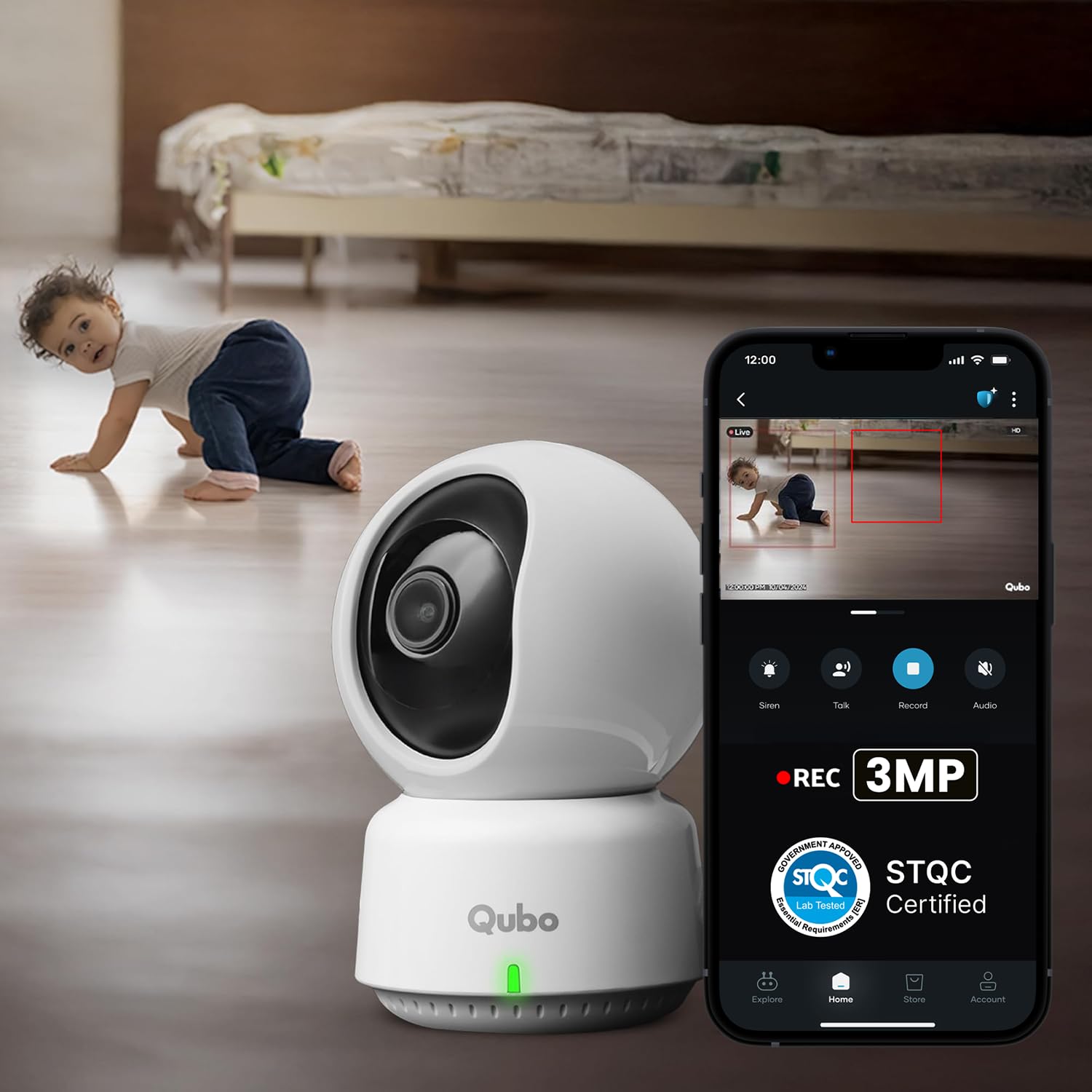 Qubo Smart 360° 3MP [2K] Baby Monitor Camera | Wi-Fi Indoor CCTV for Baby Room | AI Person Detection | Automatic Alarm | App Alerts | NightPulse Vision | SD & Cloud Storage | Made in India