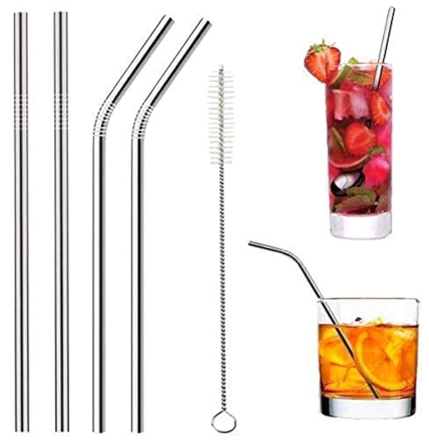Stainless Steel Drinking Straws Set with Cleaning Brush, Reusable Metal Straw Pipe for Juice & Drinks, 2 Bent + 2 Straight Straws, Suitable for Kids & Adults