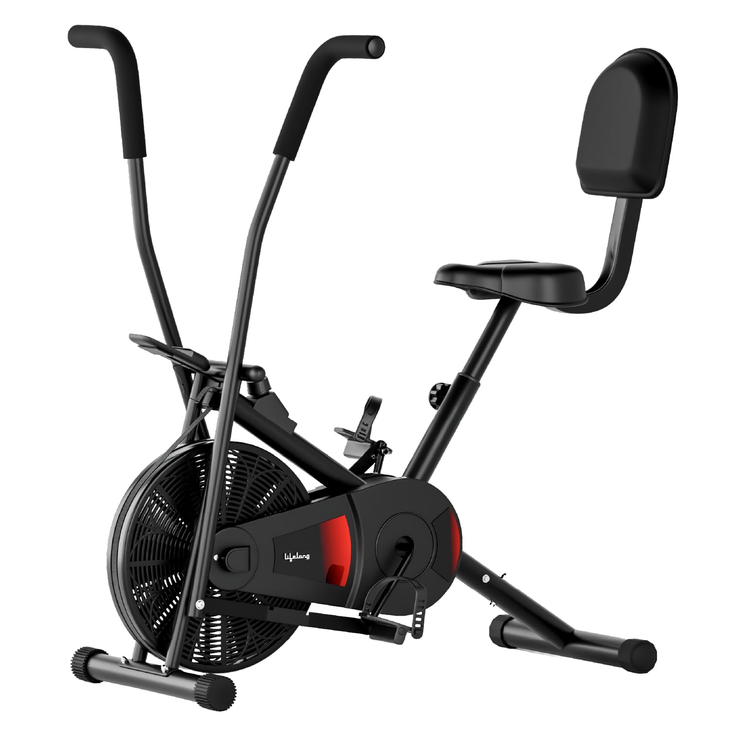 Lifelong Air Bike Exercise Cycle for Home Gym, Dual Action Stationary Cardio Bike with Adjustable Cushioned Seat, Moving Handles, Anti-Skid Pedals, and Max User Weight 125 kg – Black