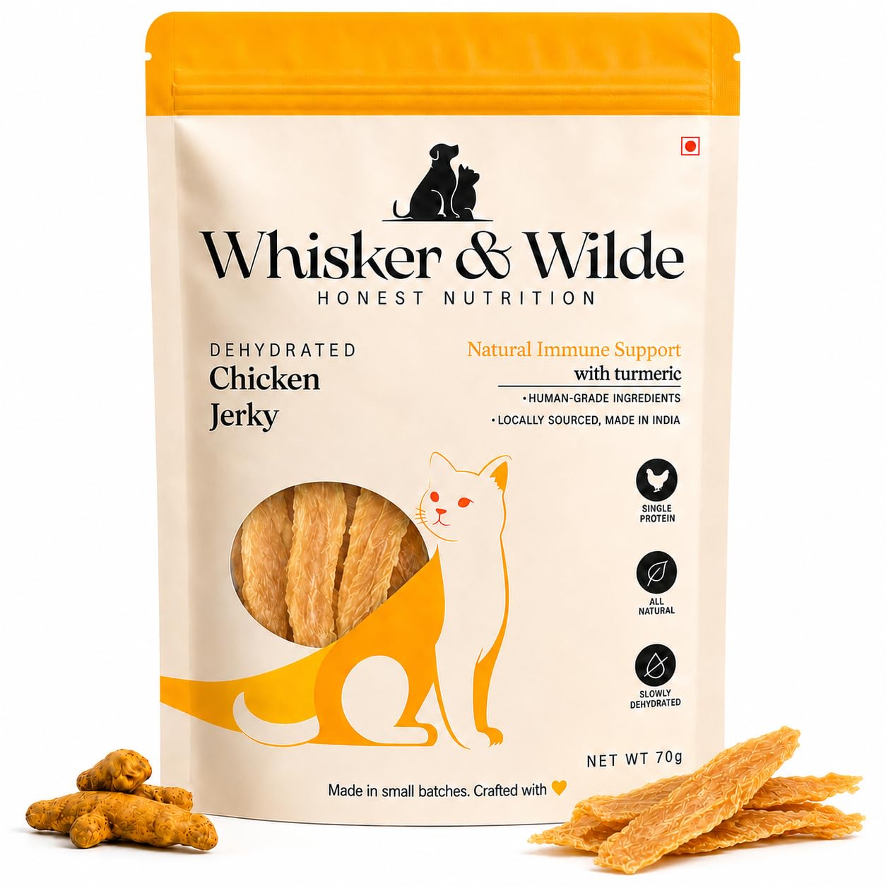 Dehydrated Chicken Jerky | Cat Treats | Natural Immune Support with Turmeric | Anti-Inflammatory | Training and Reward | Dental Chew | No Preservatives | All Life Stages | 70g