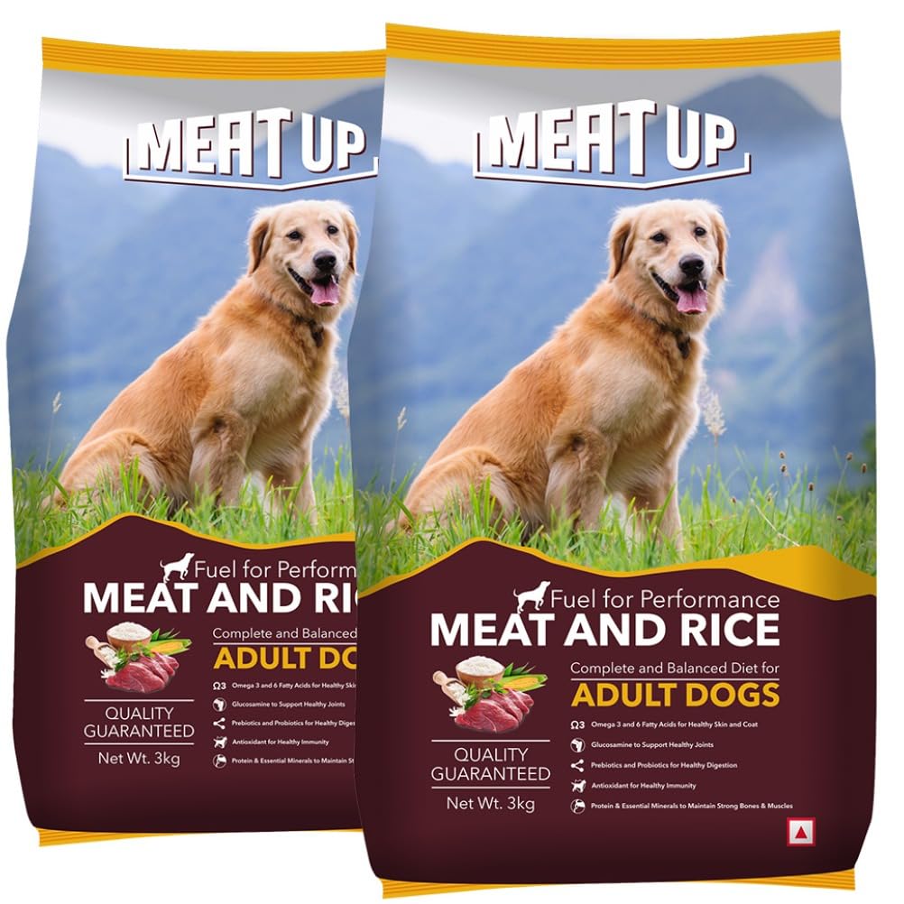 Meat Up Adult Dry Dog Food (2 x 3kg), Total 6 kg | Meat and Rice Flavour | Healthy Digestion | Strong Bones & Joint | Skin & Coat Support