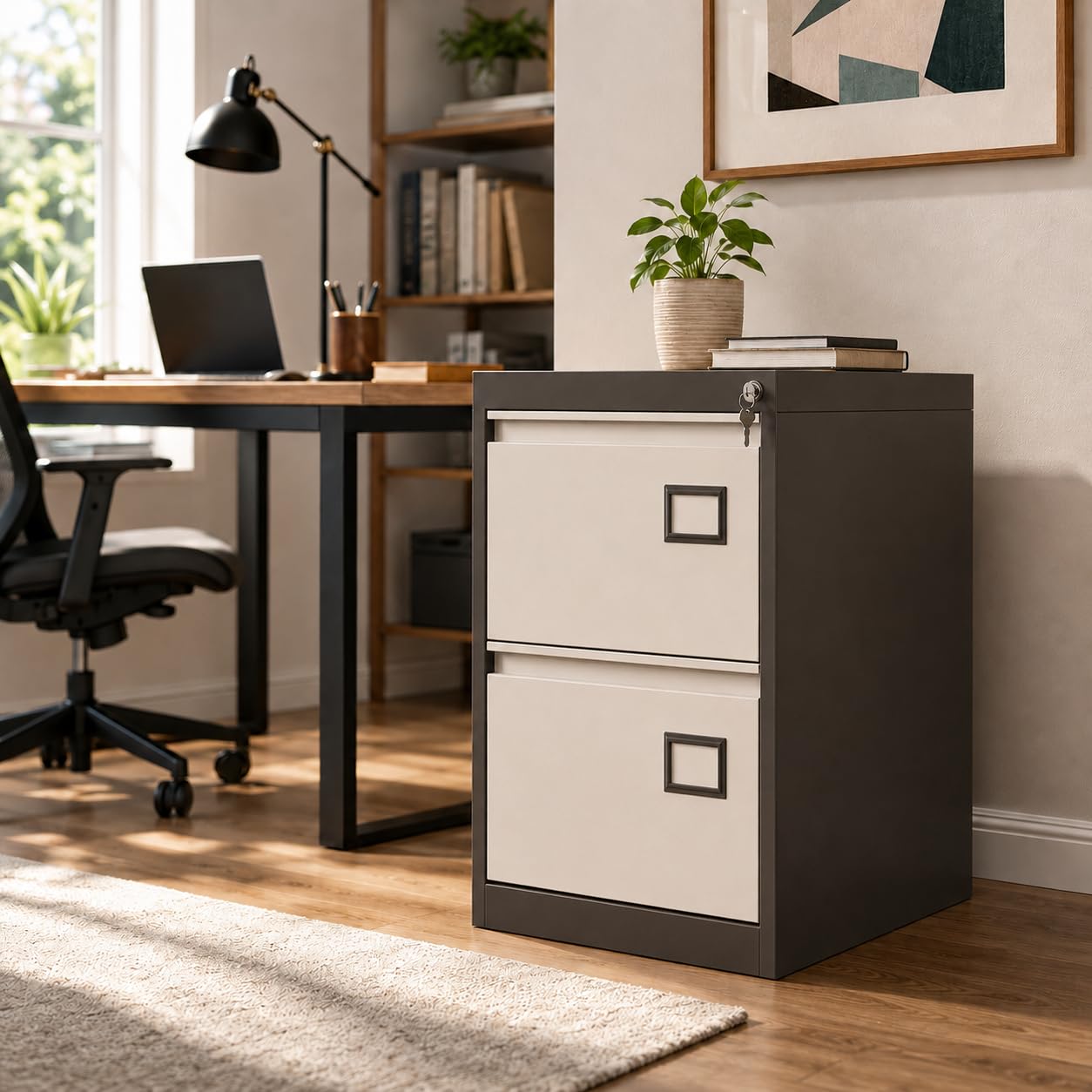 Shubham Furnitures 2 Drawer Powder Coated Steel Filing Cabinet for Office & Home | Lockable Legal & Letter Size File Storage Organizer | Heavy Duty Metal Document Cabinet Brown