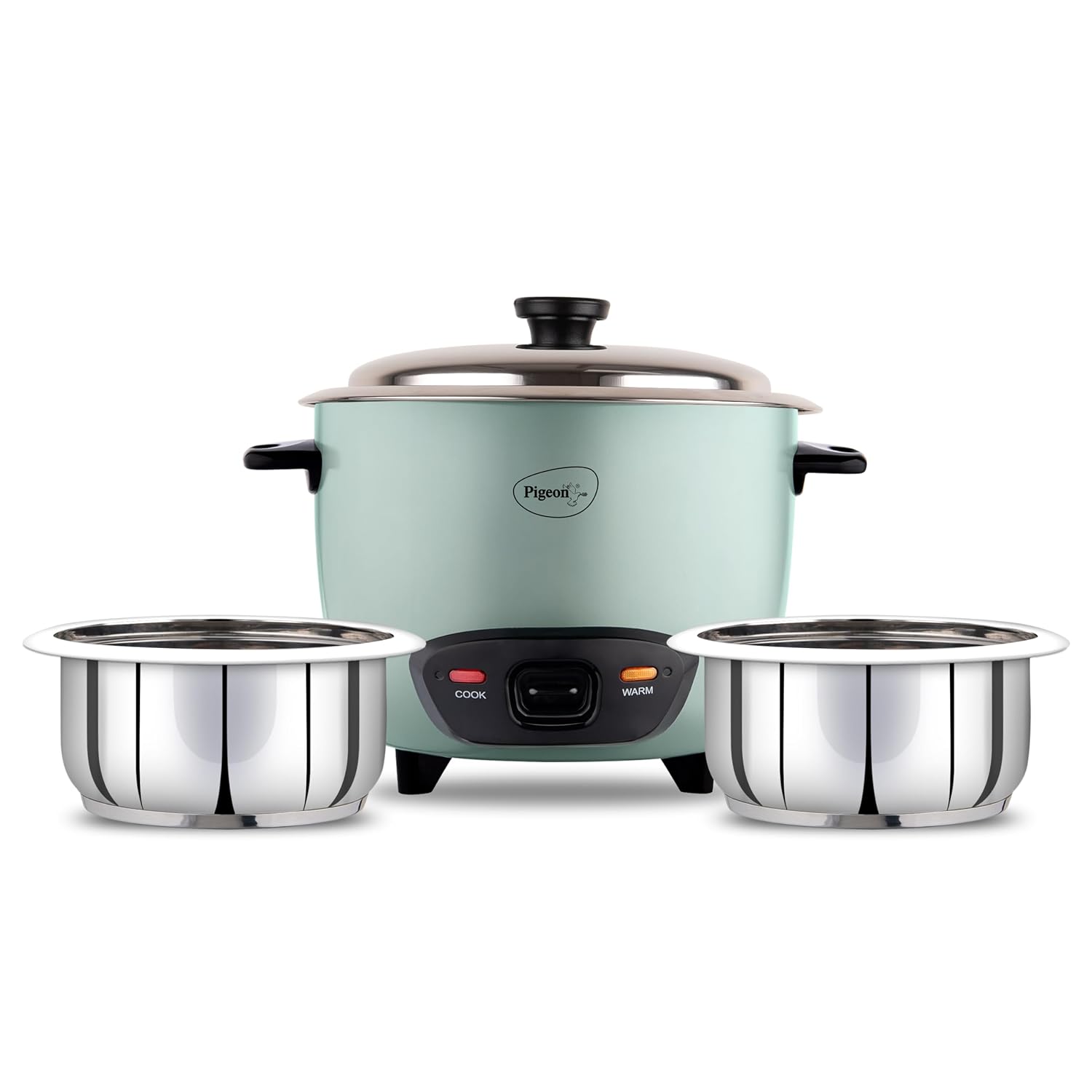 Pigeon Inox Rice Cooker with Double pot, 1 litres | Stainless Steel Lid | 400 Watts | 2 Steel Cooking Pot | Measuring Cup | Spatula | Energy Efficient Cooking