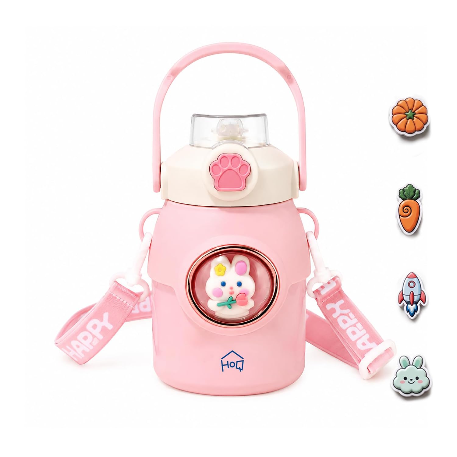 House of Quirk Buddy Bottle 316 Stainless Steel Kids Water Bottle Hot & Cold with 3D Sticker, Leakproof, Insulated, Handle & Straw, 650ml (Pink)