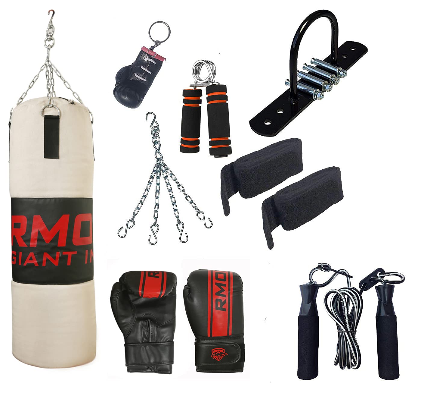 IWIN RMOUR 9 Piece Combo Unfilled Heavy Canvas Punch Bag, Punching Bag with Hanging Chain, Boxing Gloves, Ceiling Hook, Hand Wraps, Skipping Rope, Boxing Chain Keyring & Hand Gripper (Size 3 Ft)