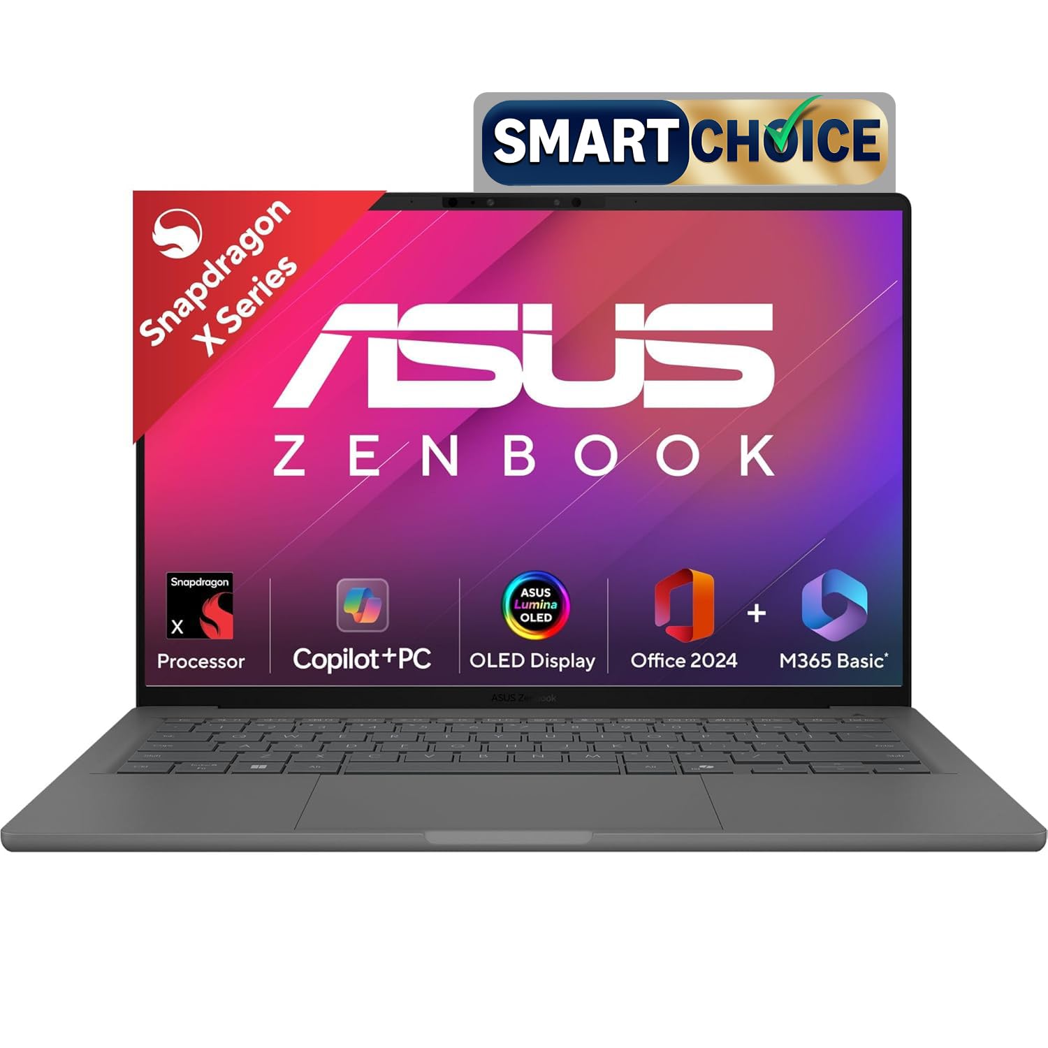 ASUS Zenbook A14 OLED (2025),Smartchoice,Qualcomm Snapdragon X,Copilot+PC,0.9kg Light-Weight,14″(35 cm),32hrs Battery Life*,16GB,512GB,Win 11,MSO 2024,M365 Basic-1yr,AI PC,Metal Body,UX3407QA-QD259WS