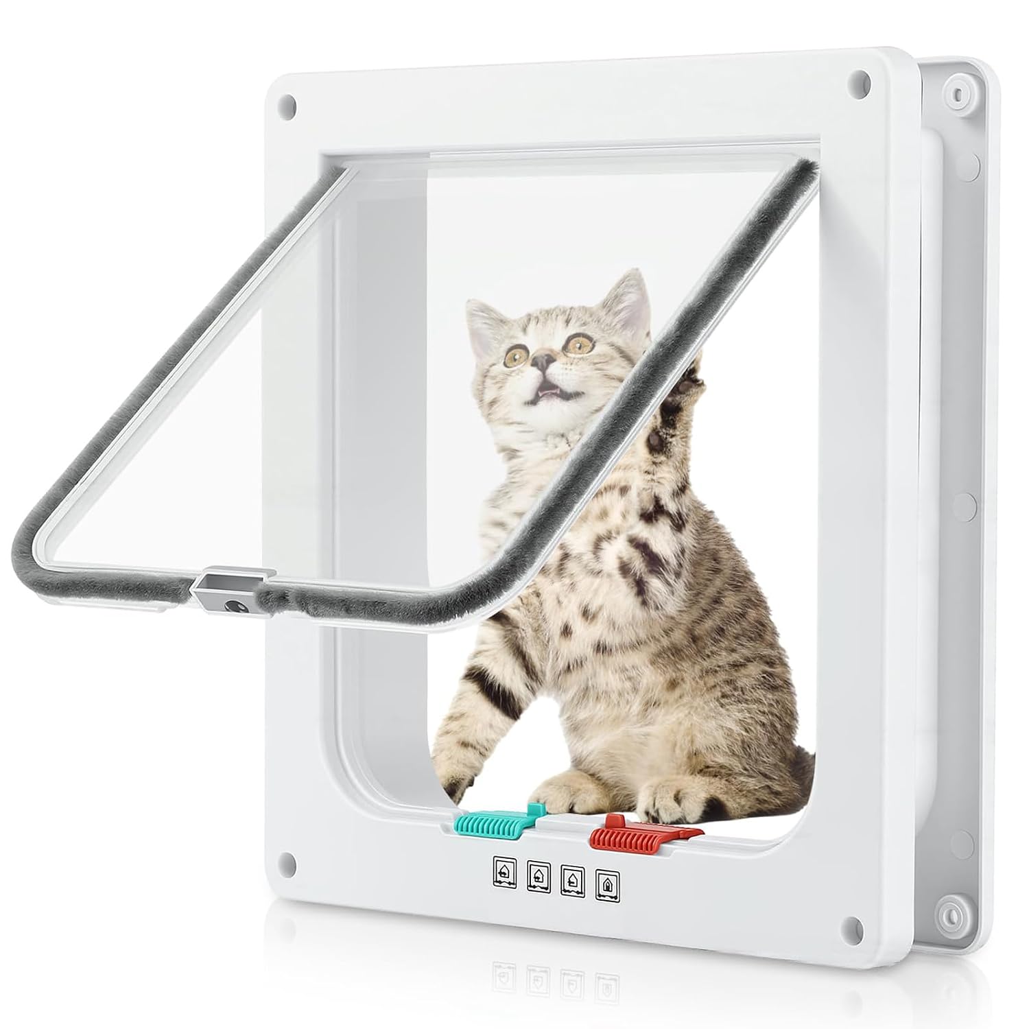 Cat Door for Interior Exterior Door (Outer Size 26.5cm x 24.5cm), Safety Pet Door with 4 Way Lock, Weatherproof Cat Flap for Thin Door and Wall, Weatherproof Pet Door, White, ABS Material (L)