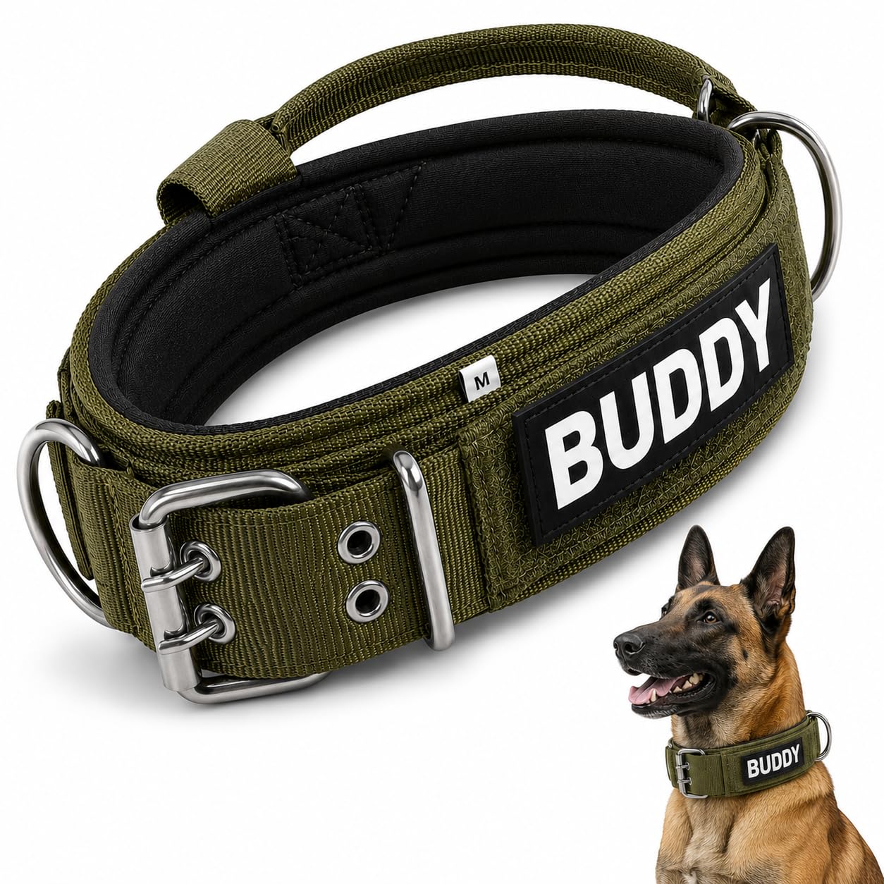 Soft Padded Double Pin Tactical Dog Collar | Heavy Duty Adjustable Dog Collar with Metal Buckles | Strong Training & Walking Collar for Dogs (Olive Green, L)
