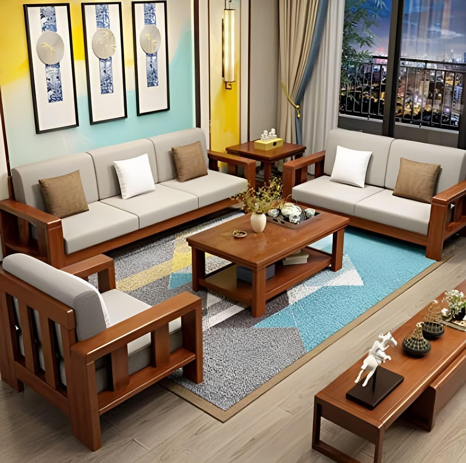 AS Furniture Arts Solid Sheesham Wood 6 Seater Sofa Set For Living Room Wooden Sofa Set For Living Room Furniture 3+2+1 (Standard, Natural Teak Finish)