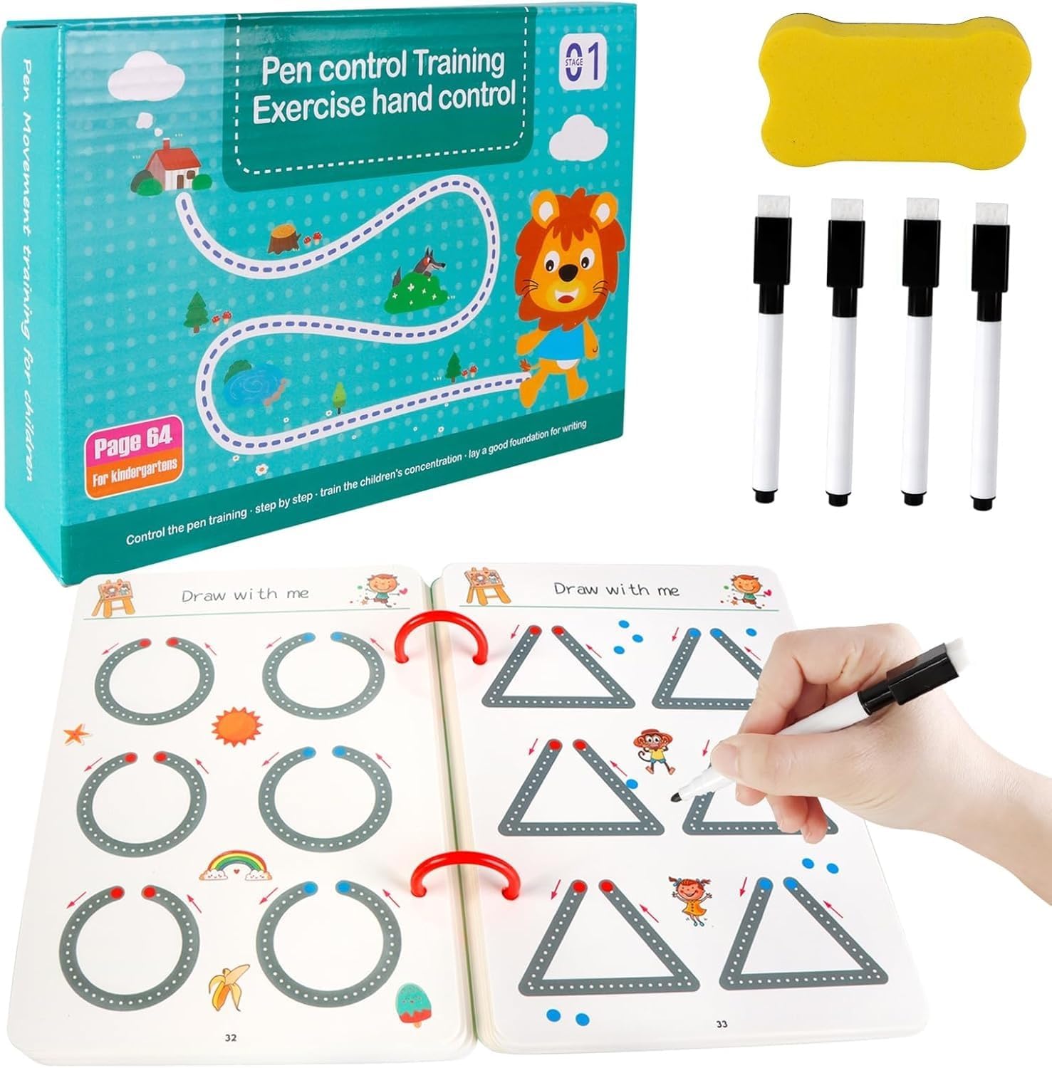 SUPER TOY 64 Pages Magic Grooved Writing Practice for Kids Tracing Book Reusable Copybook for Kids Ages 3-5 Drawing, Writing Lines Shapes Montessori Kit for Children
