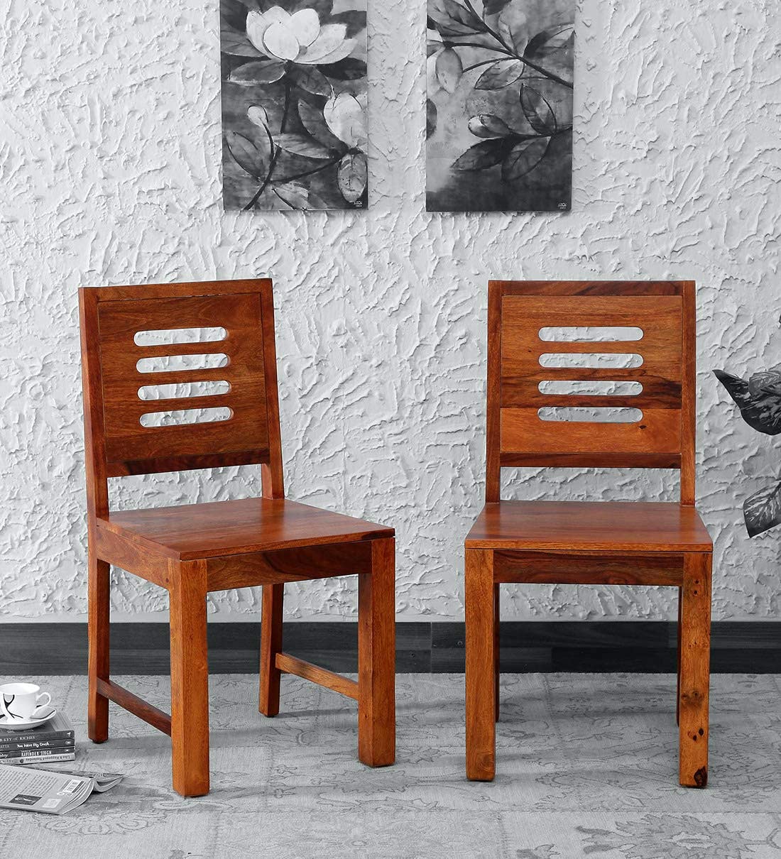 Furniture Sheesham Wood Dining Chairs Set of 2 for Dining Room Wooden Furniture Chairs Set Without Cushion for Dinner Room Living Room Home and Office (Honey Finish) | 1 Year Warranty
