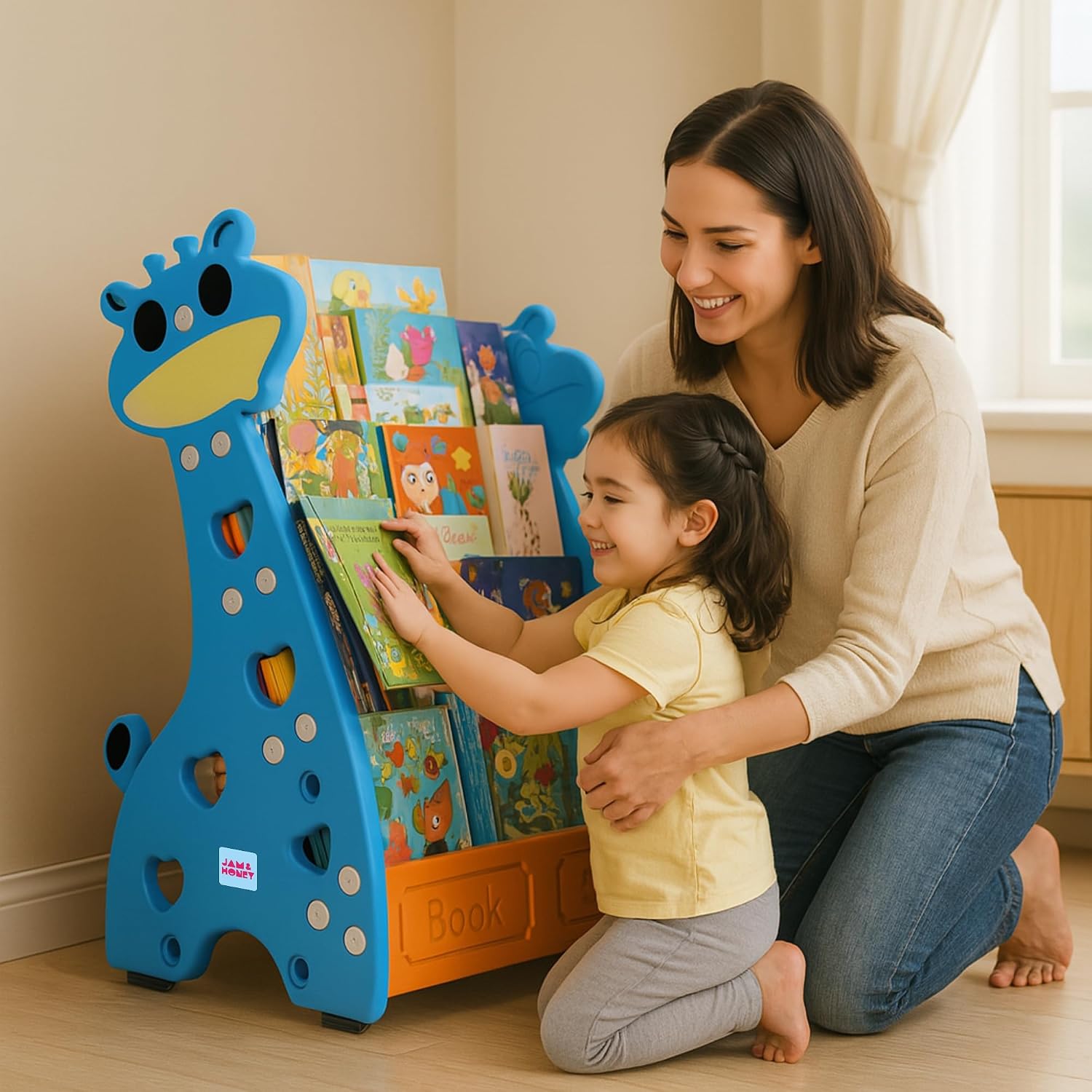 Amazon Brand – Jam & Honey Animal Theme Bookshelf for Kids|4-Tier Display Rack |Storage|Organizing|Kids Bookcase|Perfect for Home,Play-Schools,Nursery|Easy Assembly| Compact|Plastic,Blue Orange