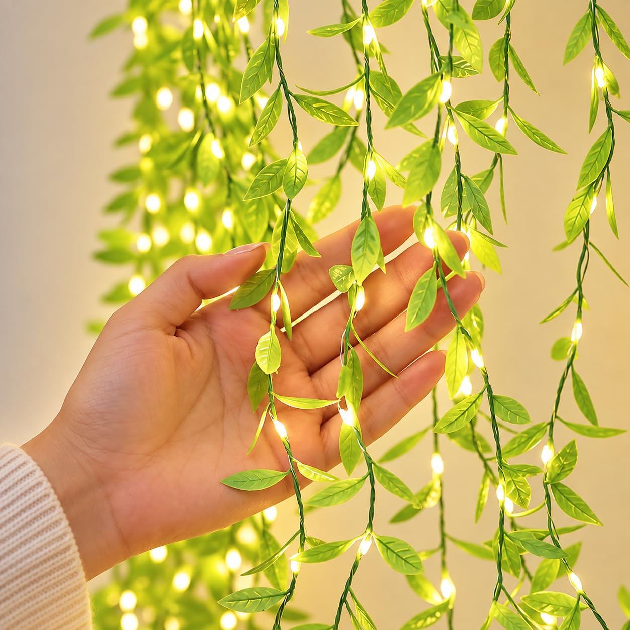 FLYNGO Artificial Leaf Curtain LED String Light, 200 LEDs, 8 Modes, Adjustable Brightness, Lights for Diwali Decoration, Home, Bedroom, Wedding, Party, Festive Decor (Warm White)