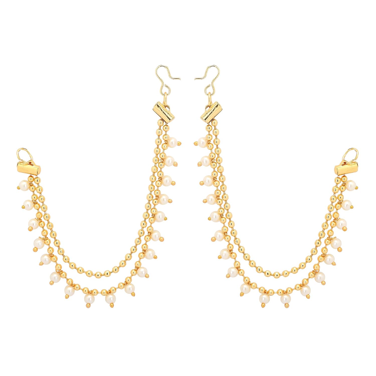 Shreyadzines Gold Pearl Ear Chain for Women | Earring Support for Heavy Earrings | Traditional Sahara Ear Chain | Hair Hook Ear Drape Accessory for Jhumka, Chandbali & Polki Earrings