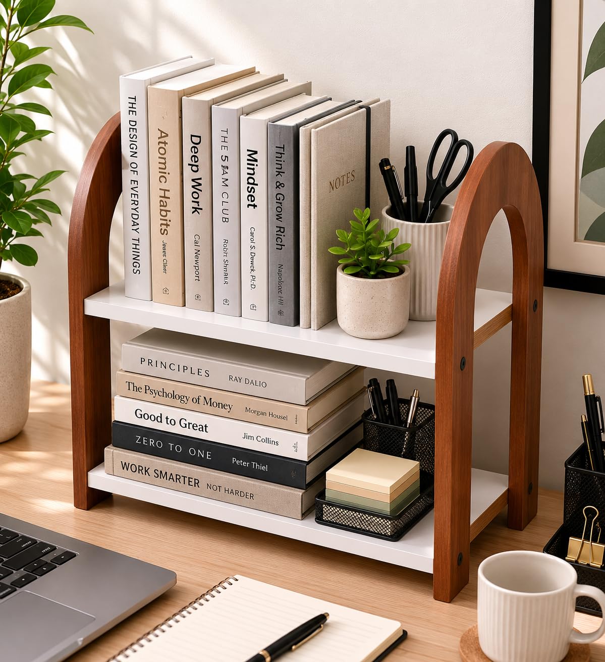 2-Tier Wooden Bookshelf Organizer for Desk, Tabletop Book Rack with Storage Shelves, Desktop Bookcase for Books, Study Room, Home & Office Organizer, Rustic Red-White (12 x 10 Inch)