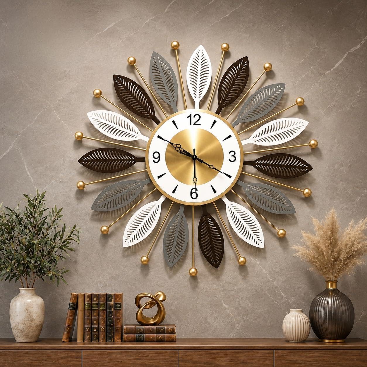 Large Metal Decorative Wall Clock for Living Room | Luxury Sunburst Leaf Design Wall Clock | Multicolor Vintage Finish | Silent Quartz Movement | Home, Bedroom & Office Wall Décor (55X55)