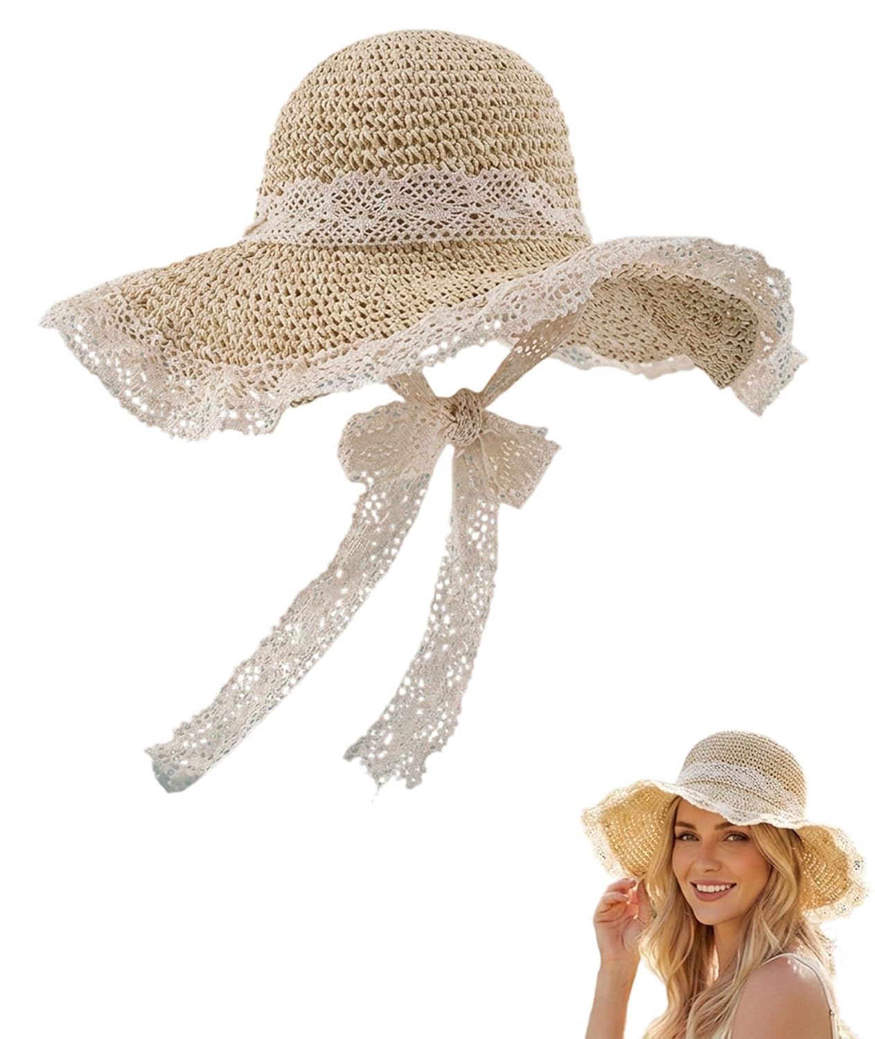 embroidery Beach Hat for Women, Hat, Straw Sun Hat with Floral Design, Easy to Carry Stylish Summer Headwear for Outdoor Activities, Lightweight Foldable Sun, One Piece in Beige Pink Floral Pattern