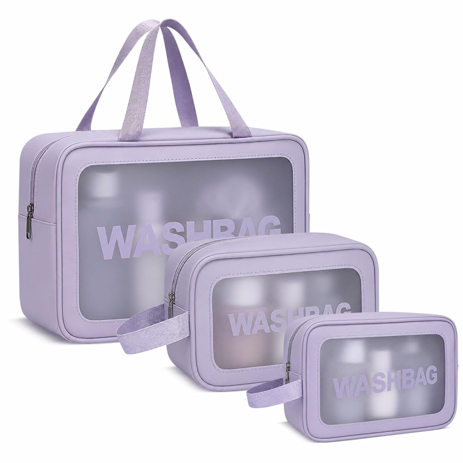 FLYNGO Clear Makeup Pouch Set, Cosmetic Organizer Bag for Women and Girls Travel Waterproof Toiletry Storage Kit (Set of 3 Purple)