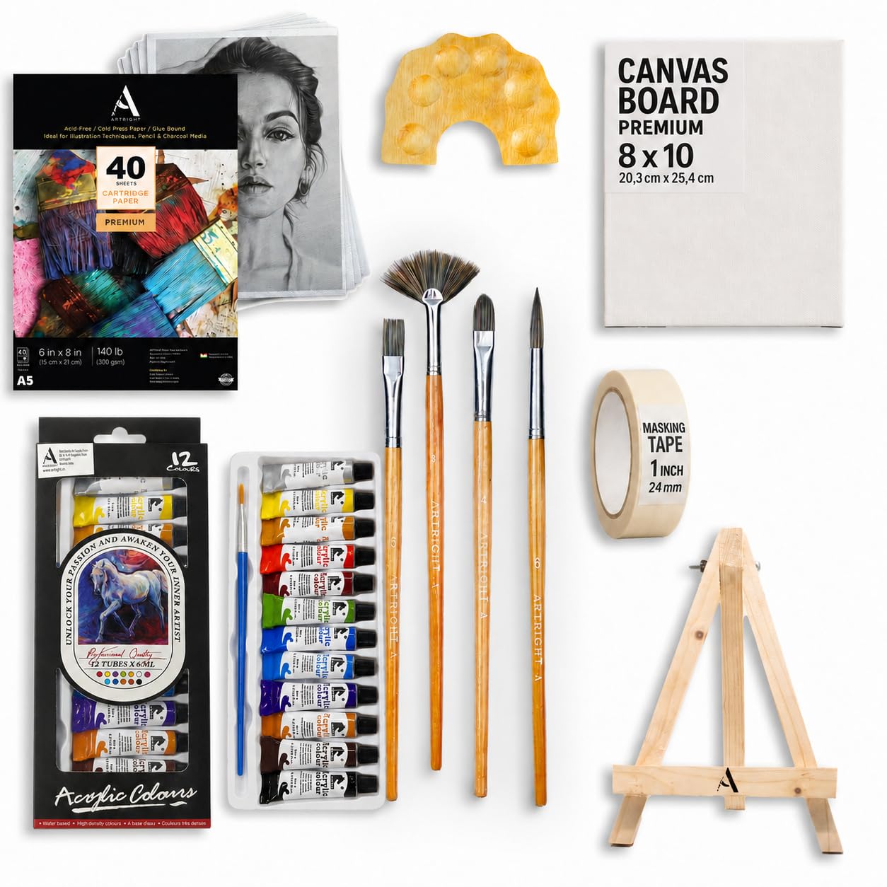 Painting Kit for Artists 60 Pcs, Painting Set for Adults and Kids with Professional Paint Brush Set, Acrylic Paints, Canvas Boards, Easels & Wooden Palette, Watrcolor & Mixed Media Papers
