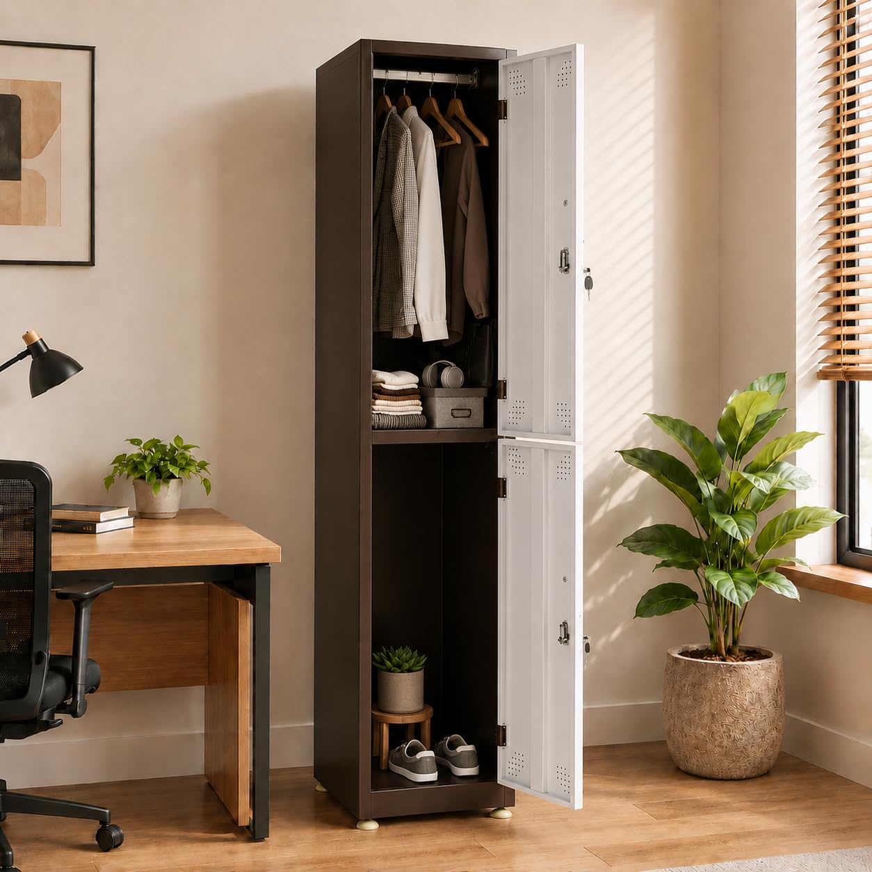 Shubham Furnitures 2 Door Steel Staff Locker Cabinet | Heavy Duty Lockable Storage Cupboard for Office Gym School Hostel Home | Powder Coated Metal Personal Storage Locker Brown